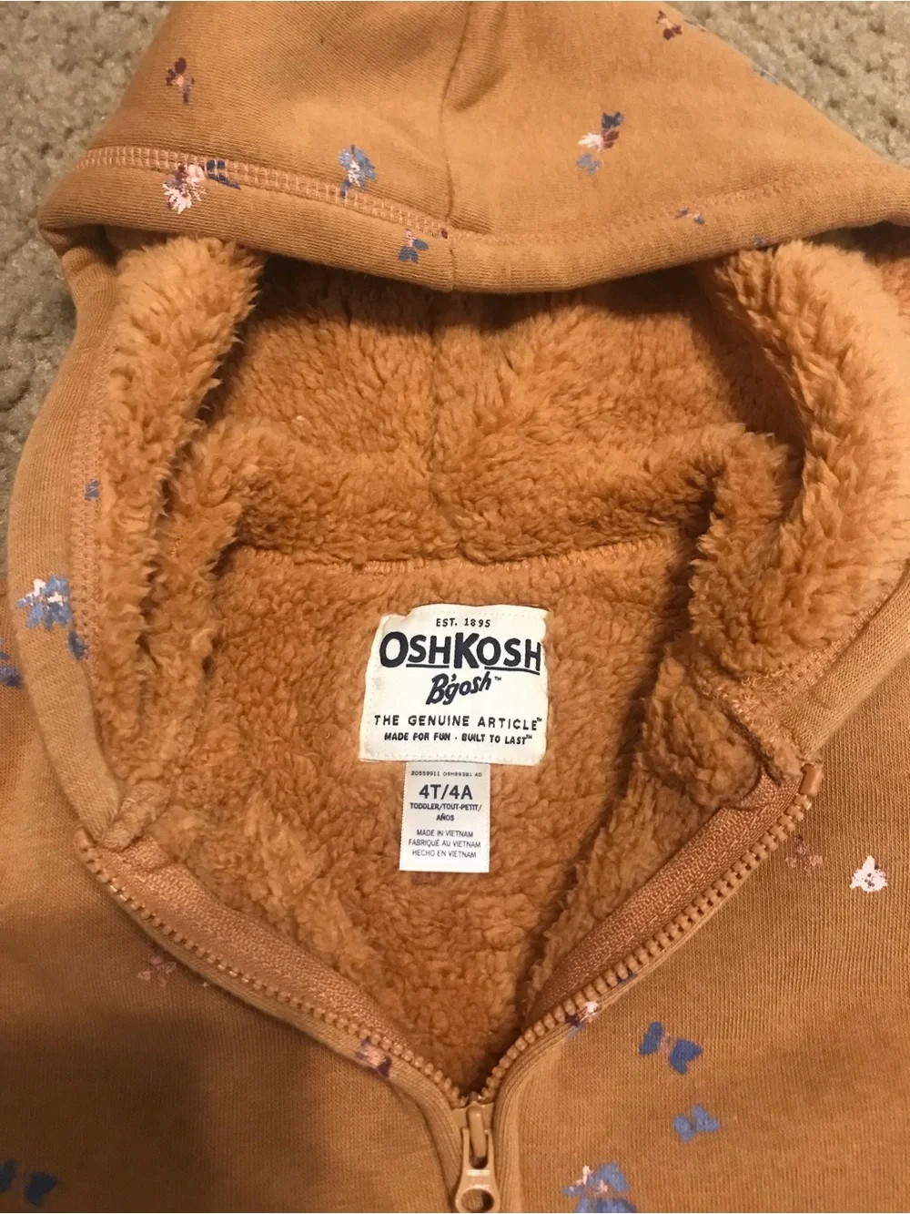 NEW! OshKosh B'gosh Toddler Girls' Tan Floral Fleece Zip Hoodie, Size 4T